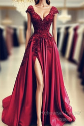 Lace Flowers Beaded Cap Sleeves V-Neck Semi Formal Prom Dresses Split Evening Gowns